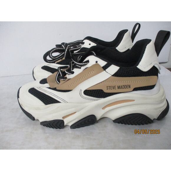 USED Steve Madden Women's Possession Chunky Lace-up Sneakers ,Black/Tan-Size 8 - Picture 2 of 16